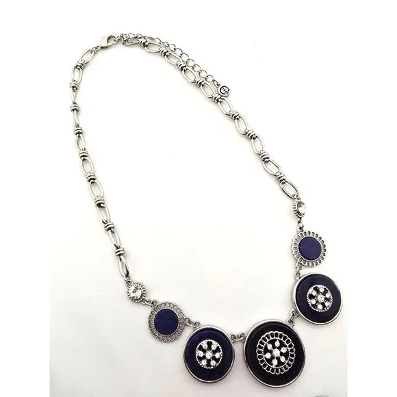 C est.1946 Brand Silver Tone & Blue Necklace 16” Rhinestone Medallions Chain - Picture 2 of 7